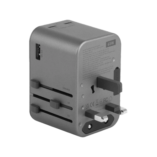 محول سفر Energea Travelworld بمنفذين USB-C ومنفذ USB-A GaN 65W - Gunmetal