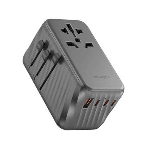 محول سفر Energea TravelWorld مزود بثلاثة منافذ USB-C ومنفذ USB-A واحد بقوة 120 وات من GaN - لون Gunmetal