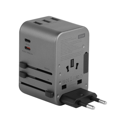 محول سفر Energea Travelworld بمنفذين USB-C و3 منافذ USB-A 35 وات PD - Gunmetal