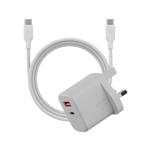 مجموعة Bazic Go Port Velox Kit Bundle 1-Port USB-C &amp; 1-Port USB-A PD 35W Wall Charger مع كابل Weave USB-C إلى USB-C 60W - Vanilla White