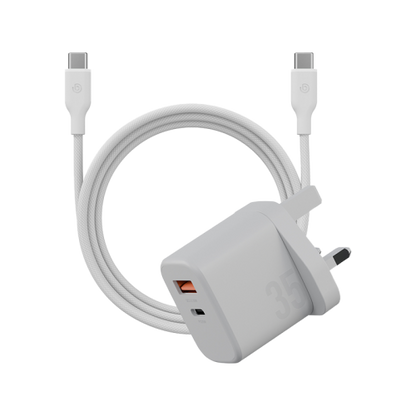 مجموعة Bazic Go Port Velox Kit Bundle 1-Port USB-C &amp; 1-Port USB-A PD 35W Wall Charger مع كابل Weave USB-C إلى USB-C 60W - Vanilla White